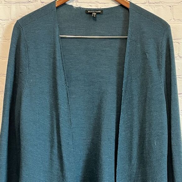 Eileen Fisher Long Line Cardigan Merino Wool Open Front Green Size Medium Mesh - Picture 2 of 11